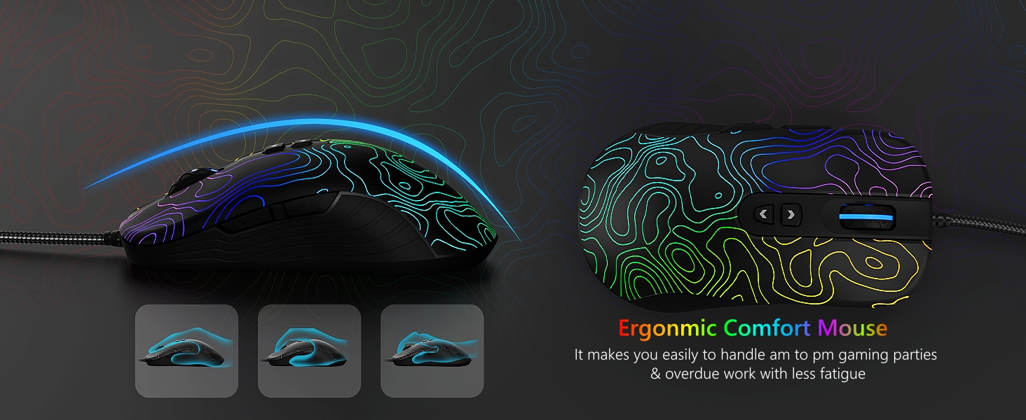 Wired Gaming Mouse,Black RGB Mouse,Computer Mouse Topographic