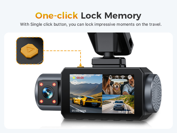 Dual-lens dash cam with screen displaying road view. Text highlights 'One-click Lock Memory' feature for capturing moments while driving.