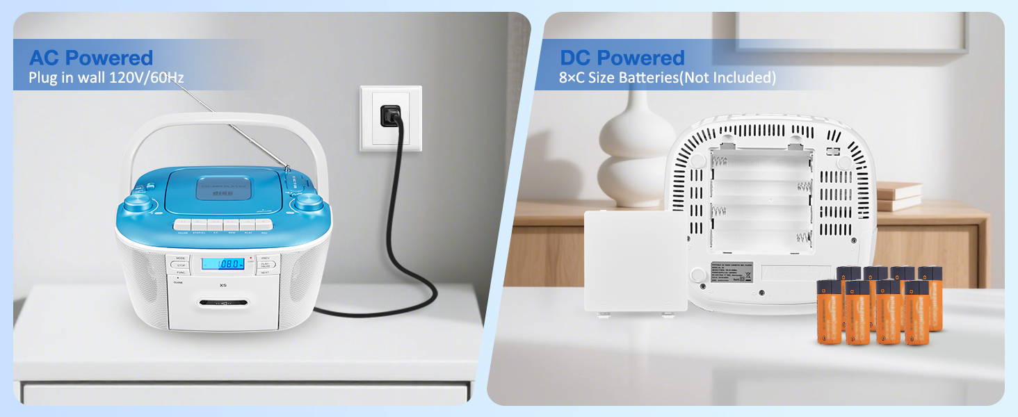 cd cassette tape player with radio battery ac powered plug in wall