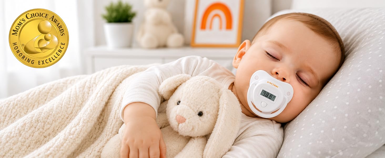 Sleeping baby using MOBI Pacifier Thermometer with Mom&amp;#39;s Choice Award recognition