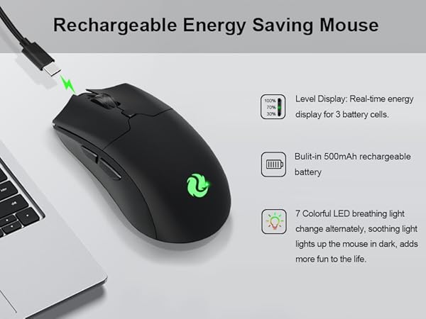 Rechargeable mouse: Equipped with a 500mAh high-capacity battery and a Type-C charging port,