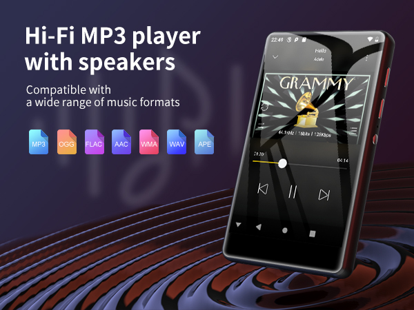 Hi-Fi MP3 player with speakers, displaying music interface on screen. Compatible with various music formats shown as colorful icons.