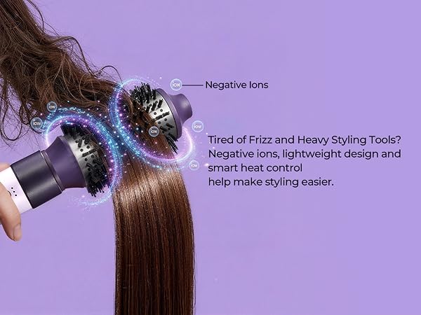 Lightweight negative ion hair dryer brush with smart heat control for frizz-free styling.