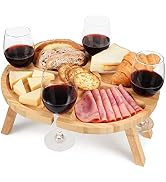 Tirrinia Portable Picnic Table with 4 Wine Glass Holders, Functional Bamboo Snack Tray Table -Fol...