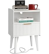 YAUKOMEL Fluted Nightstand with Charging Station, Modern Bedside Table with Drawer,White Nightsta...