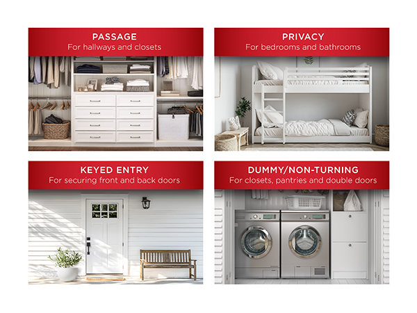Kwikset offers products in passage, privacy, keyed entry, and dummy/non-turning styles.