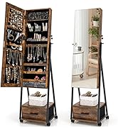 CHARMAID Rolling Jewelry Cabinet with Full Length Mirror, Lockable Standing Jewelry Armoire with ...