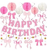 Amandir Pink Birthday Decorations for Girls Women, Glitter Happy Birthday Banner with Honeycomb B...