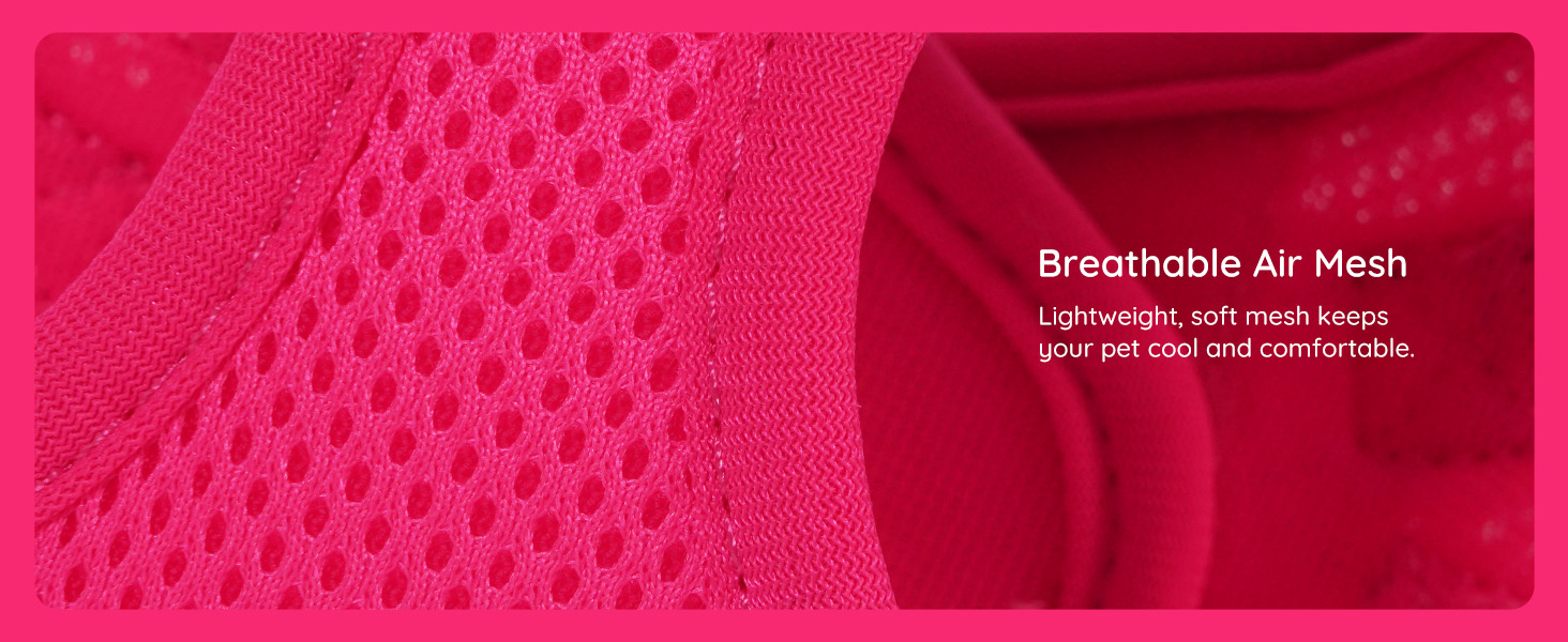 Close-up of bright pink breathable mesh fabric showing honeycomb pattern texture with solid fabric borders. Text indicates lightweight and comfortable air mesh design.