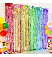 Rainbow Party Birthday Decorations Foil Fringe Curtains Backdrop Tinsel Garland Streamers Photo B...