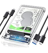 Transparent hard drive enclosure case with USB cables, showing internal components and connection ports. Technical diagram visible on the device.
