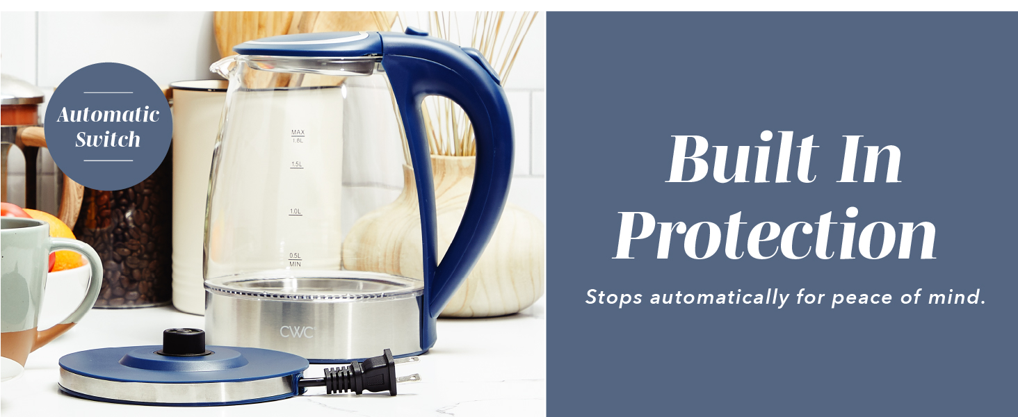 Easy-to-use electric glass kettle with 360-degree swivel base and single-touch power button.