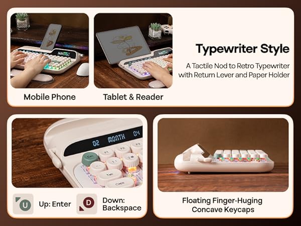 Text reads 'Typewriter Style', 'Mobile Phone', 'Tablet &amp; Reader', showing various grip positions and configurations for handheld devices with backrest support options.