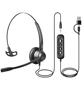 Eagaton X1 USB Headset with Microphone, Single Ear Computer Headset with 3.5mm Jack &amp; USB-C/A Ada...