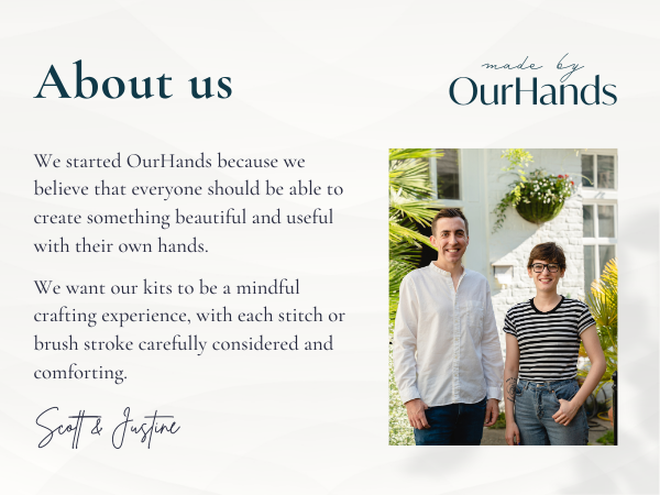 Text-based image with 'About us' and 'OurHands' headers, describing a business philosophy of creating beautiful and useful handmade items.
