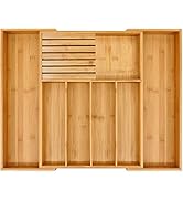 Bamboo Silverware Drawer Organizer Kitchen, Expandable Utensil Holder and Cutlery Tray with Divid...