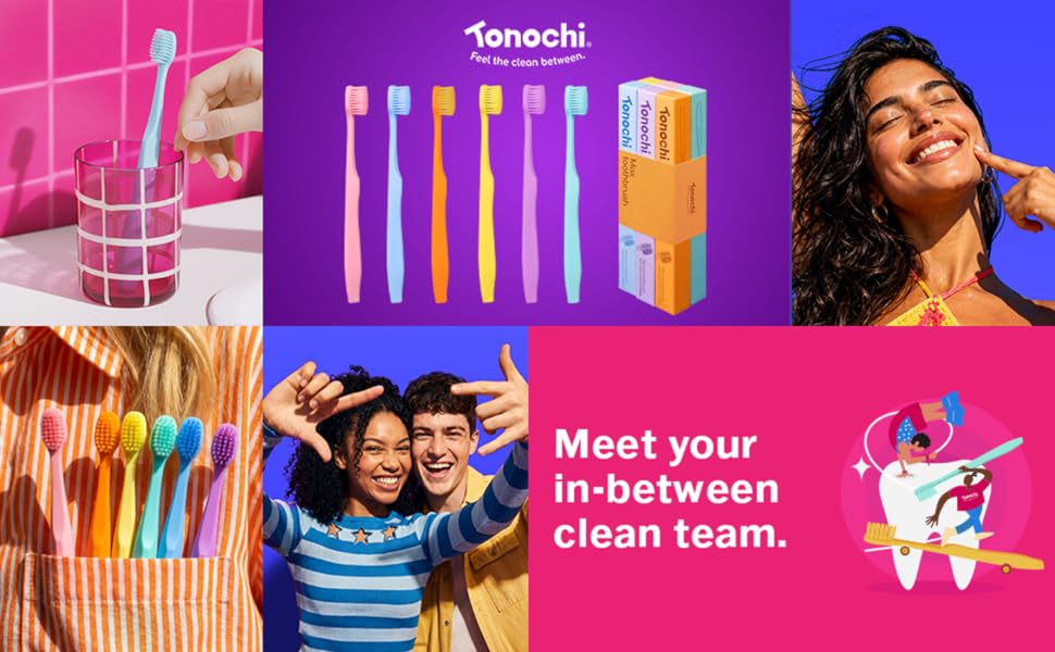 Tonochi Max toothbrush collection with colorful soft bristle toothbrushes and lifestyle images.
