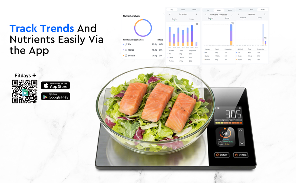 Mobile app interface showing health tracking graphs, charts and a meal photo with salmon and salad. App store download buttons visible.