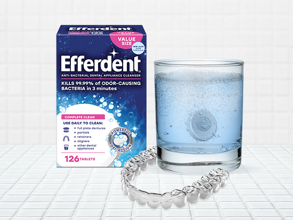 retainer cleaner tablets daily to clean retainers, full-plate dentures, partials, dental appliances