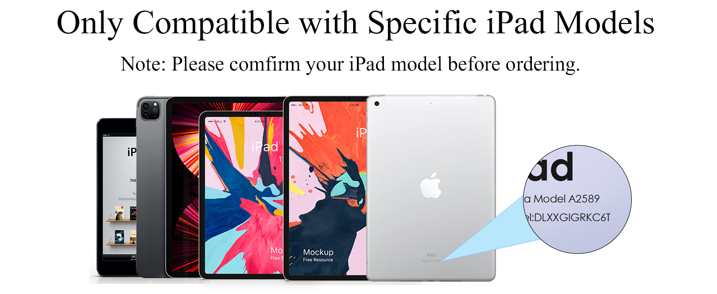 Various iPad models displayed with a note about compatibility, showing different sizes and colors of iPads.