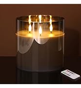 Eywamage 3 Wick Smoke Grey Glass Flameless LED Candle with Remote, Flickering Large Battery Pilla...