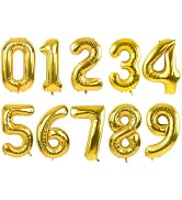 TONIFUL Number Balloons 16 Inch Gold 0-9 Number Mylar Foil Balloons 10 Pcs Gold Custom Digital Ba...
