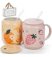 Noamus 2 Pack Cute Ceramic Mugs with Lid and Straw, 13 Oz Fruits Pattern Coffee Cup with Handle, ...