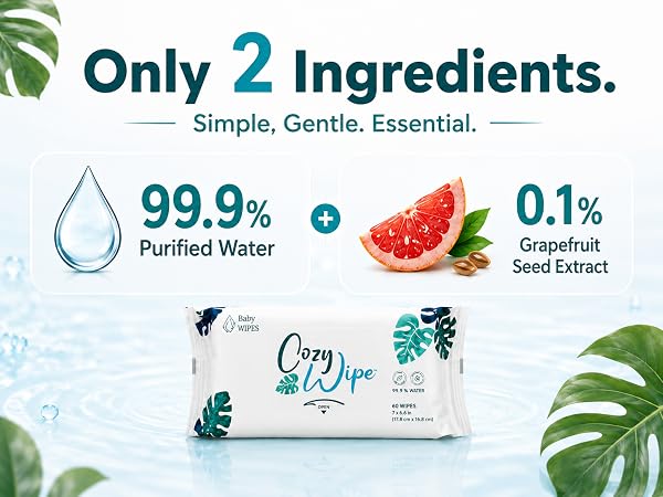 Cozy Wipe baby wipes made with 99.9% purified water and 0.1% grapefruit seed extract.