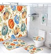 Bayson 4PC Shower Curtain Set with Rugs Autumn Pumpkin Orange Blue Bathroom Curtains Shower with ...