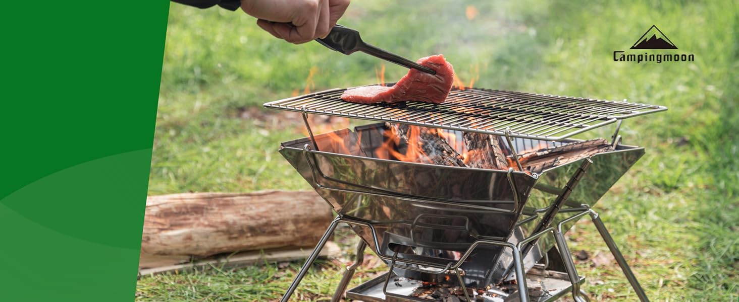 MT-3 Stainless Steel Foldable Camping Grills Portable Wood Burning Charcoal Grill