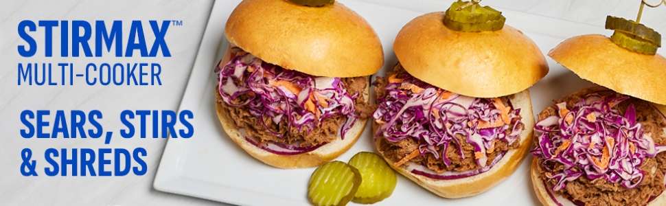 Copy: Stirmax Multi-Cooker Stears, Stirs &amp;amp; Shreds . Image of delicious pulled pork sandwiches