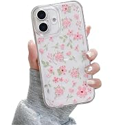 QLTYPRI for iPhone 16 Case, Cute Pink Floral Flower Pattern Aesthetic Phone Case, Raised Camera P...