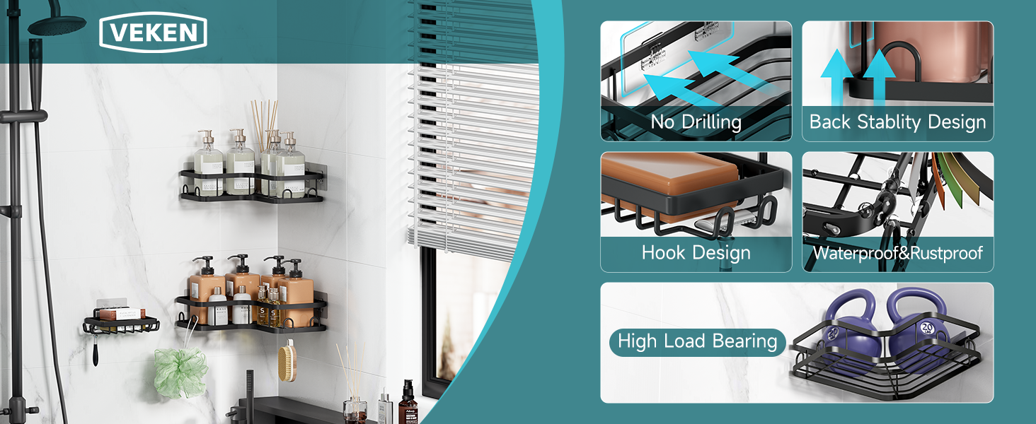 Veken corner shower caddy no drilling hook design high load bearing back stability design waterproof