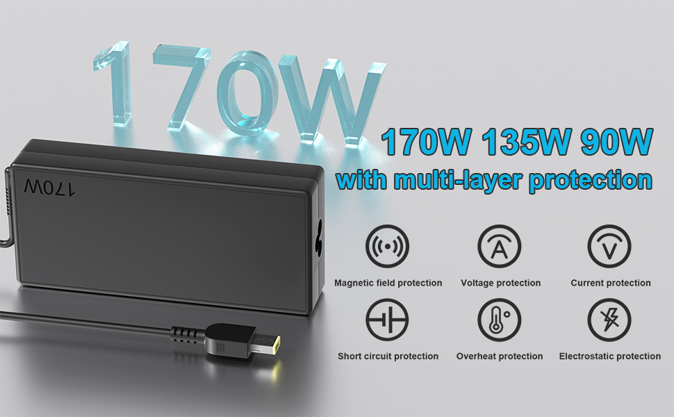 Text reads '170W' with '170W 130W 90W with multi-layer protection'. Black power supply unit with icons showing short circuit, overload, and overheat protection features.