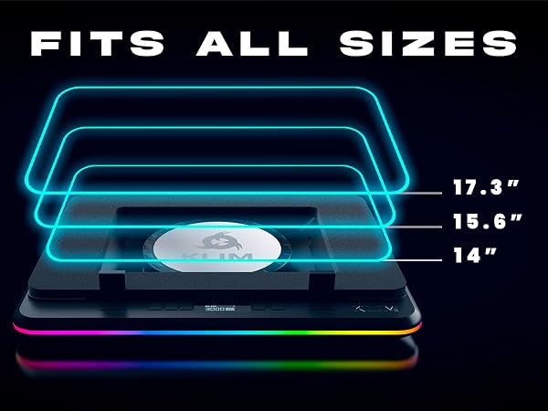 Text reads 'FITS ALL SIZES' with neon-outlined rectangular shapes in descending sizes showing 17.3