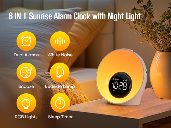 Text reads '6 IN 1 Sunrise Alarm Clock with Night Light'. Shows circular alarm with orange glow. Icons display: Dual Alarms, White Noise, Snooze, Reading Light, RGB Lights, Sleep Timer.