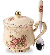 YOLIFE Pink Rose Tea Cup with Lid, 12 OZ Vintage Ceramic Tea Cup with lid and Spoon, Teacup with ...