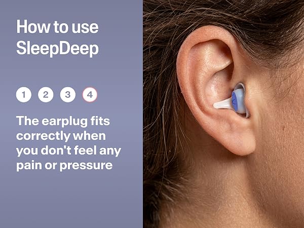 Step 4: SleepDeep earplug correctly fitted in ear, no pain or pressure