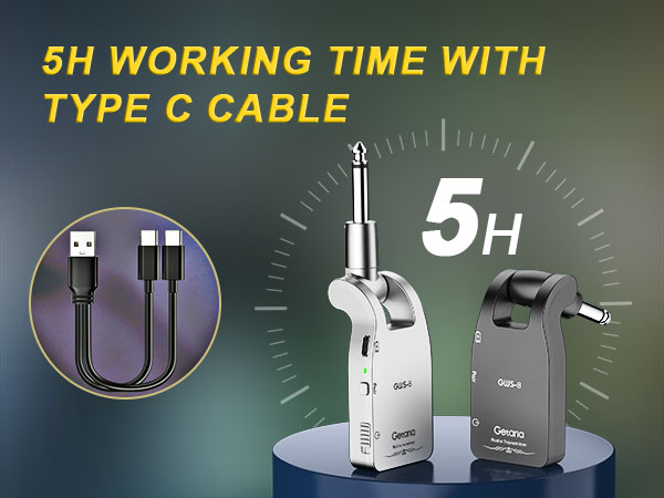 Wireless charging devices with 5-hour working time, USB Type-C cable, and two charger models shown on a blue platform.