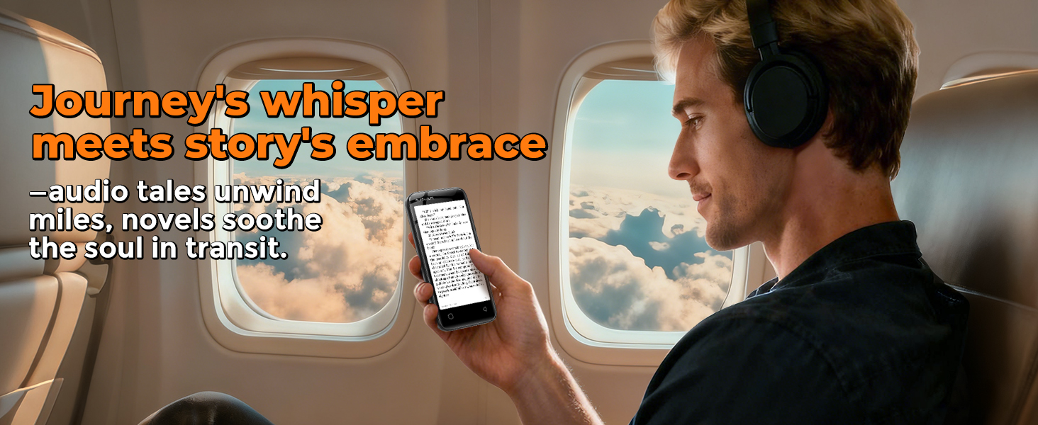 Man on an airplane using an MP3 player to listen to audiobooks while wearing headphones.