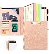 Rose Gold Leather Spiral Clipboard Folio with Storage for Women, Portfolio 5 Folders with 10 Pock...