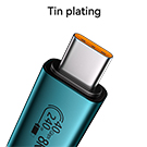 Text reads 'Tin plating'. Close-up product image showing metallic plated surface with turquoise-colored component.