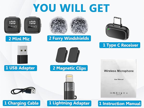 Text reads 'YOU WILL GET' with product bundle contents: 2 Mics (labeled with '2 Mics'), 2 Earpieces (labeled '2 Perv Windshields'), 1 Type C Receiver, 5 USB Adapter, 2 Magnetic Clips, Wireless Microphone, 1 Charging Cable, 1 Lightning Adapter, and 1 Instruction Manual.