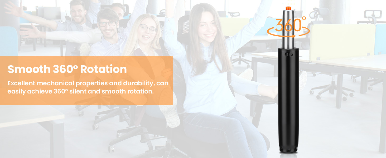 Black cylindrical device featuring 360-degree rotation capability, shown with text overlay describing smooth rotation functionality.