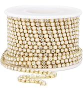 Rhinestone Pearl Trim Close Chain, [10 Yards/ 3.0MM] Gold Pearl and Rhinestone Beaded Cup Chain f...