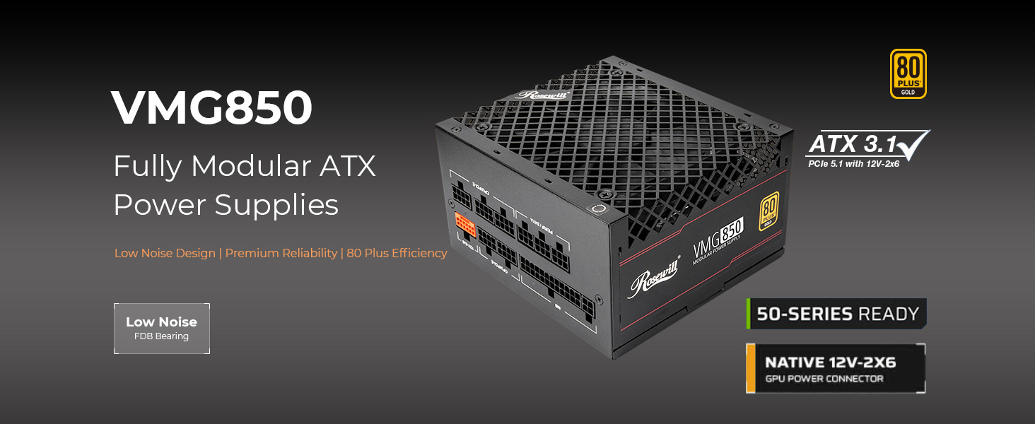 Rosewill 80+ Gold, 850W, ATX 3.1, Full Modular, RTX 50, Native 12v-2x6, low noise