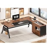 SEDETA L Shaped Computer Desk with Mobile File Cabinet &amp; Power Outlets, Executive Home Office Des...