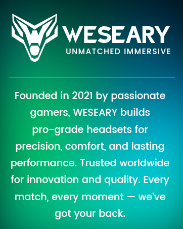 Green gradient background with Weseary logo and text. Logo shows stylized fox head. Text describes Weseary as maker of pro-grade gaming headsets, founded in 2021.