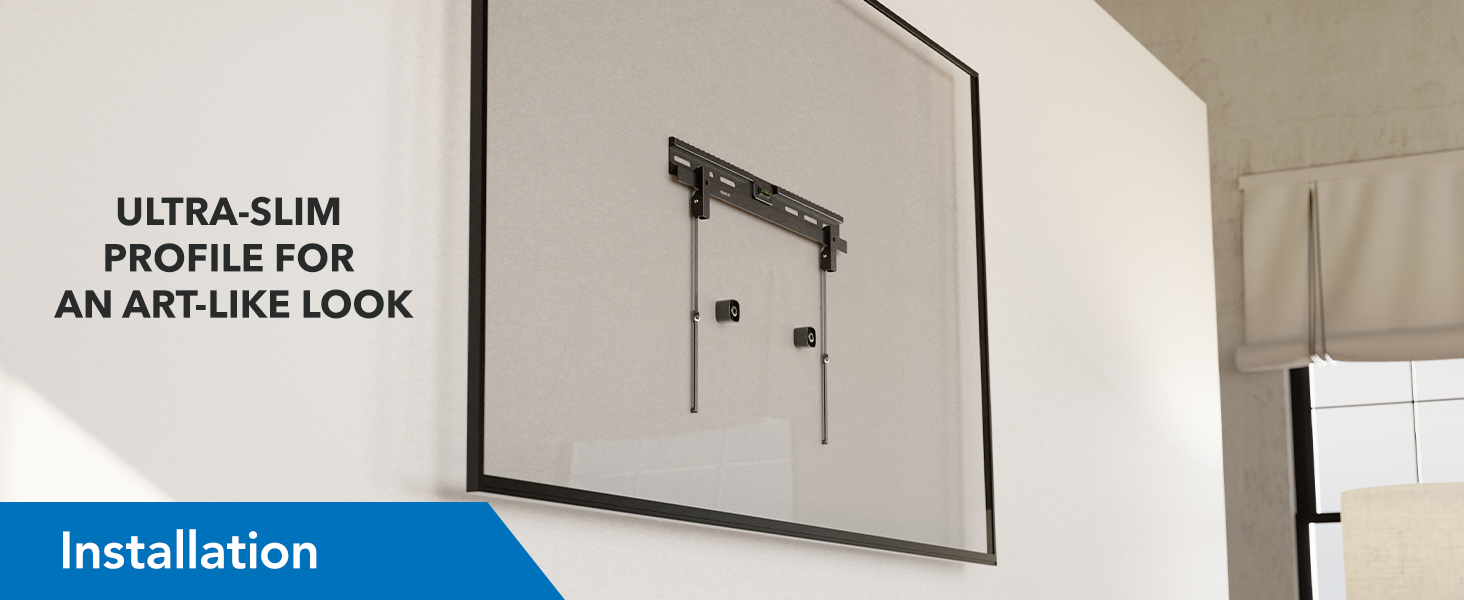 Ultra-slim fixed TV wall mount shown low-profile behind TV for an art-like look.