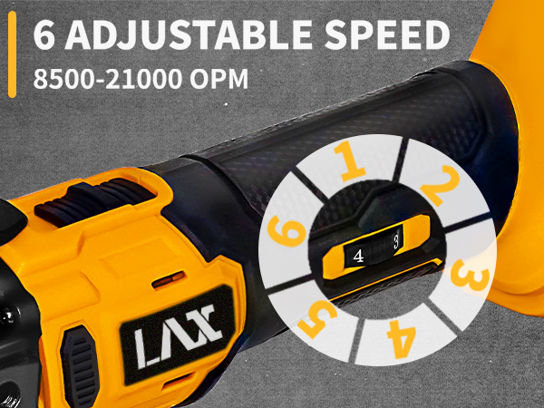 Yellow and black power tool with 6-speed adjustable dial, ranging from 8500 to 21000 OPM. LAX brand visible on the tool's body.
